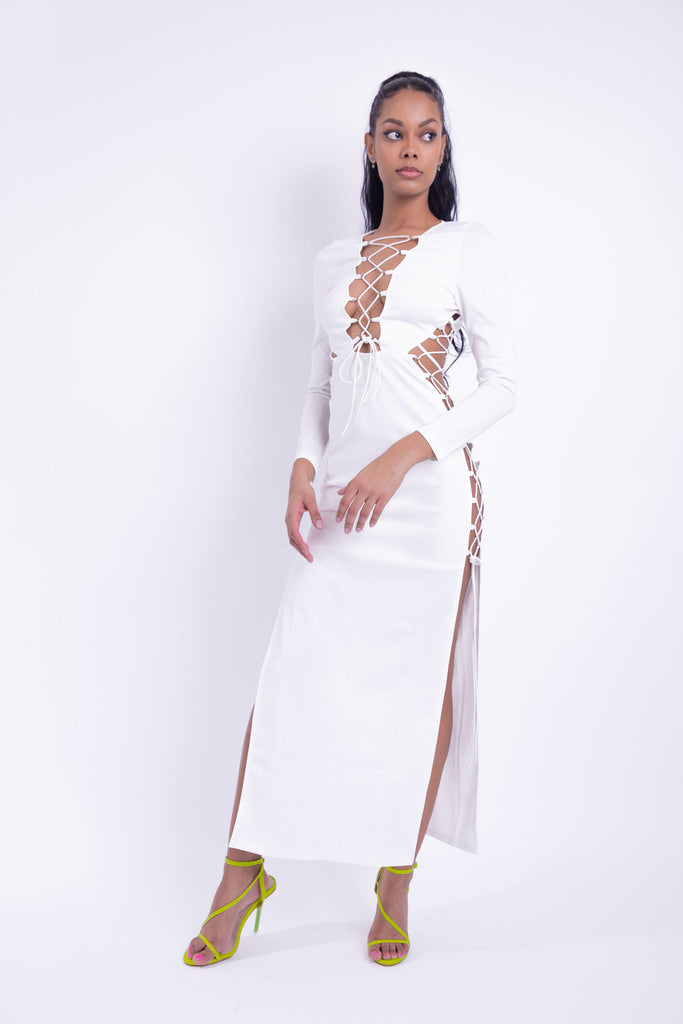 Lace up open back long sleeves midi dress