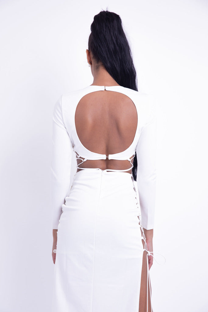 Lace up open back long sleeves midi dress