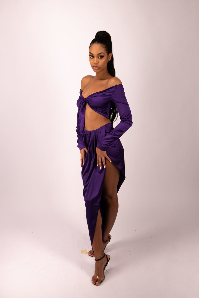 SATIN DRAPED SKIRT AND KNOTTED TOP SET