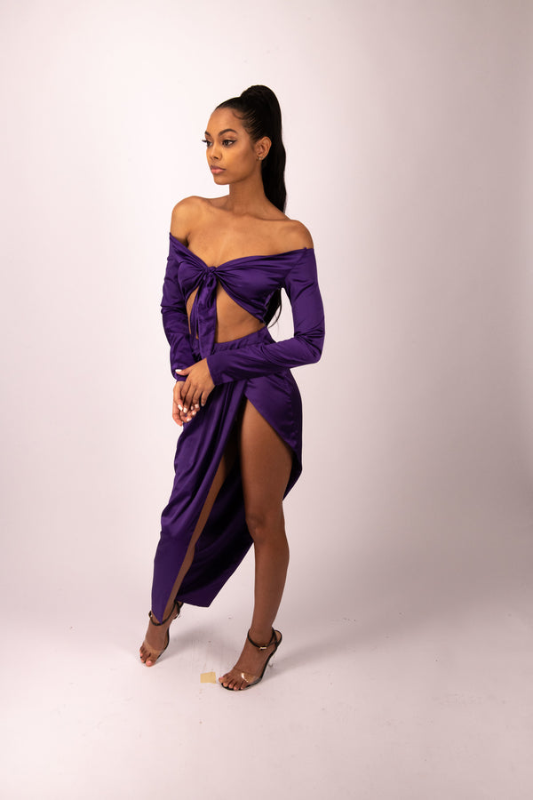 SATIN DRAPED SKIRT AND KNOTTED TOP SET