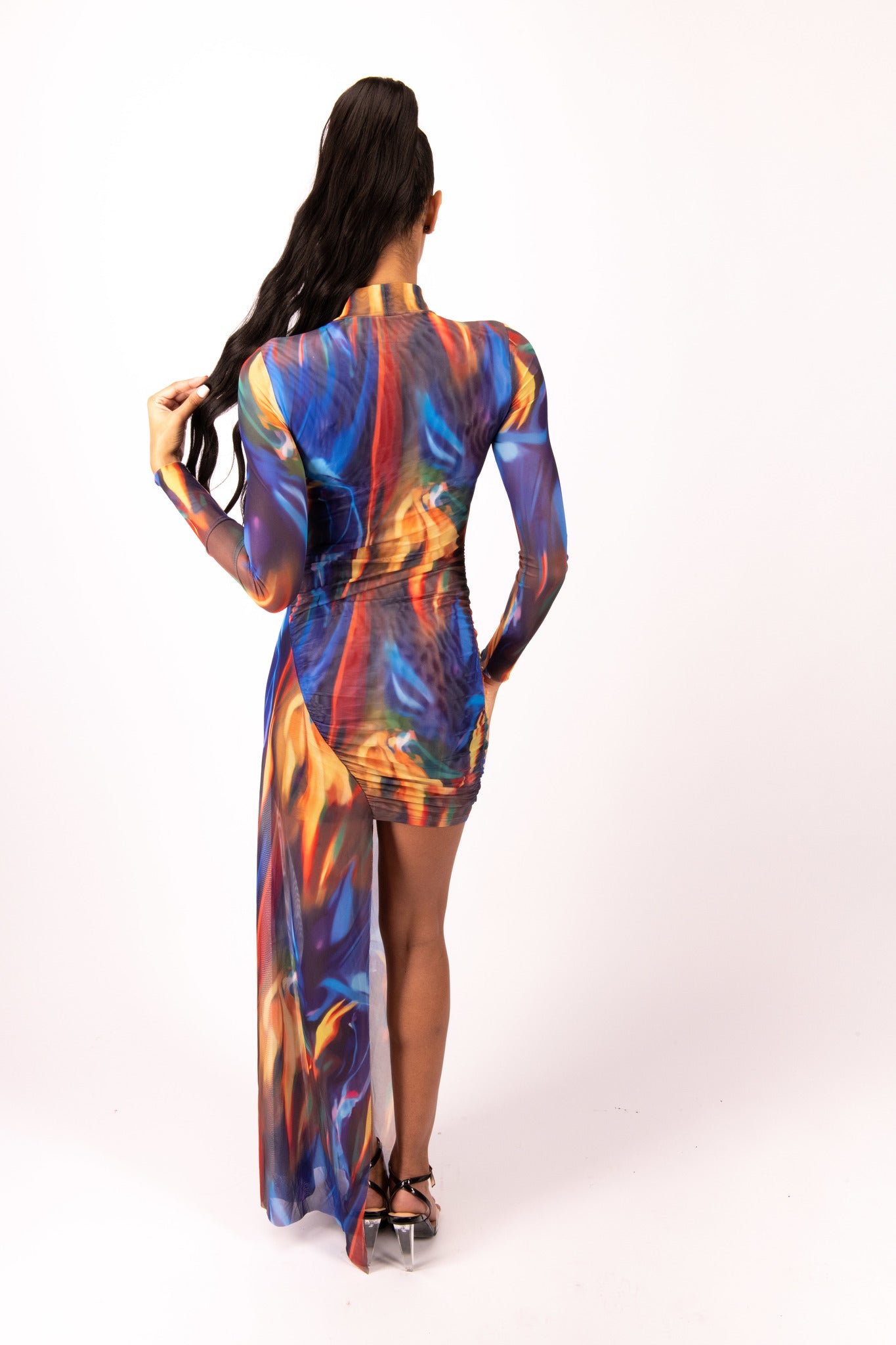 MESH DRAPED PRINTED DRESS