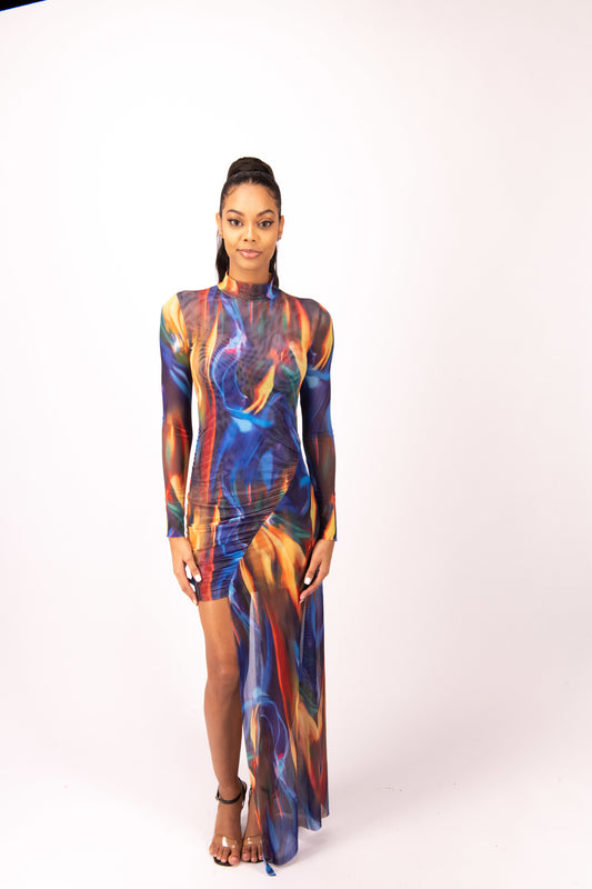 MESH DRAPED PRINTED DRESS