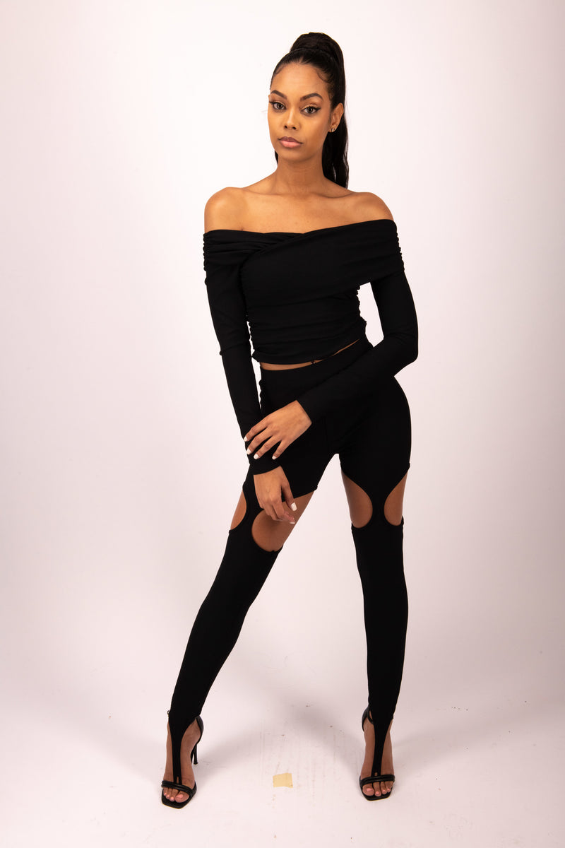 HOLLOW CUT-OUT RIBBED OPEN TOE LEGGINGS SET